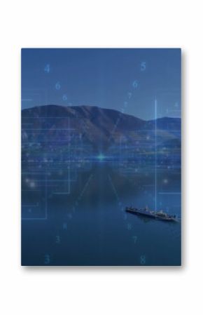 Gliding cargo vessel crossing lake water, with numbered nodes, interface panels, copy space