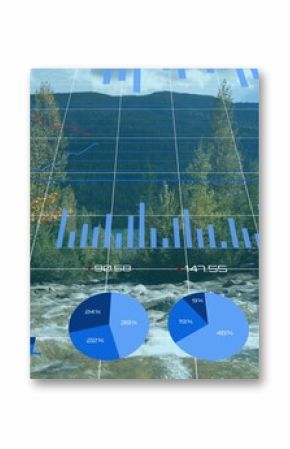 Displaying data overlay on mountain river, with grid overlay, bar pie line charts, numeric labels