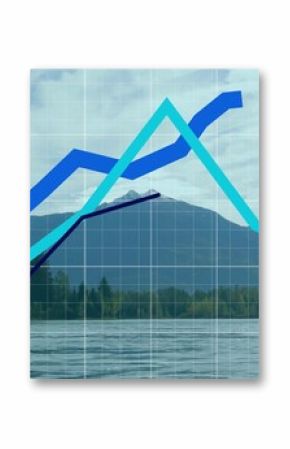 Featuring colored line charts rising over mountain lake panorama with semi-transparent grid overlay