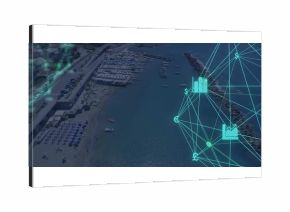 Overlaying neon-blue network showing financial data over beach umbrellas and boats, copy space