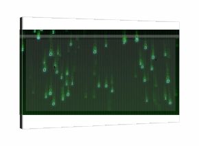 Flowing glowing green binary digits cascading over dark grid backdrop, with digital rain effect