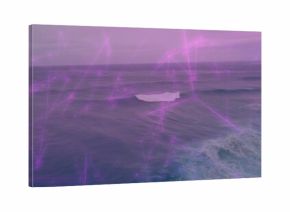 Showing expansive ocean surface rolling at sea, with white foam and purple network lines