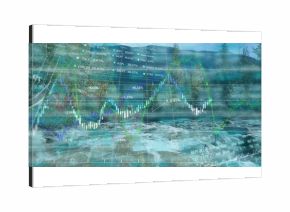 Displaying candlestick and line graph overlay over river valley with percentage labels, tickers