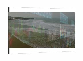 Rolling ocean waves merging on coastal shore, with financial charts, data panels and grid overlays