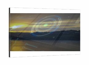 Displaying translucent circular HUD graphic overlaying sunset lake, with golden water reflections