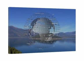 Hovering digital globe wireframe floating above lake in mountain valley, with numeric data labels