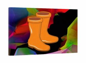 Displaying stylized orange rain boots in virtual space, with colorful polygonal mesh background