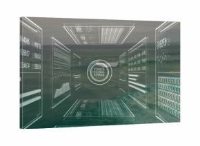 Central circular interface panel hovering above calm sea, with data panels showing numerical charts