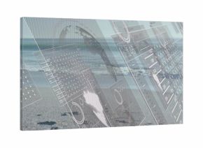 Displaying ghostlike silhouette wearing jacket headset on sandy shore, showing floating UI, prints