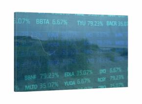 Blending sand dune center with beach grass and path leading to shoreline, with stock ticker overlay