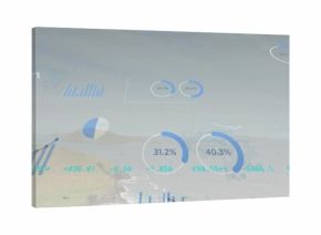 Overlaying translucent charts across coastline, showing circular gauges, numeric values, gridlines