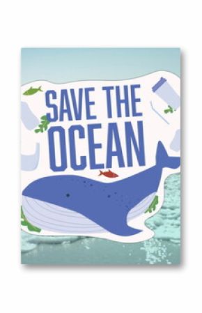 Image of save the ocean text with whale and plastic bottles over sea and beach