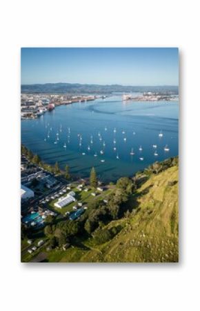 Aerial view of Mount Maunganui with Bay of Plenty and modern buildings, Tauranga, New Zealand