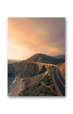Scenic view of the Pacific coast highway and Bixby Creek Bridge in California, USA at sunrise