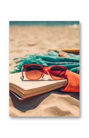 A beach scene with a book, sunglasses, and blanket for a relaxing summer day created with Generative AI technology