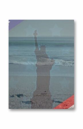 Image of american flag revealing statue of liberty and sea with beach