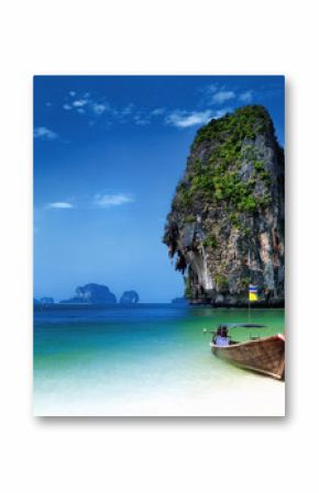 Thailand beach in tropical island. Travel boats at summer in sea