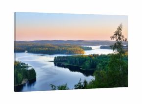 Clear blue Saimaa lake at sunset, Finland, aerial view. Picturesque panoramic scenery. Atmospheric landscape. Pure nature, ecology, environmental conservation, eco tourism, travel destinations