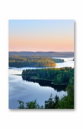 Clear blue Saimaa lake at sunset, Finland, aerial view. Picturesque panoramic scenery. Atmospheric landscape. Pure nature, ecology, environmental conservation, eco tourism, travel destinations
