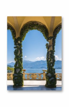 Scenic balcony overlooking Lake Como in the famous Villa del Balbianello, in the comune of Lenno. Lombardy, Italy.