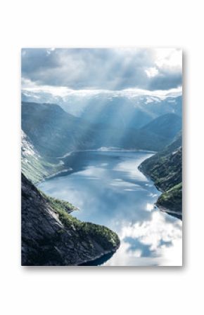 Beautiful fjord in Norway with amazing sun rays. View from the top