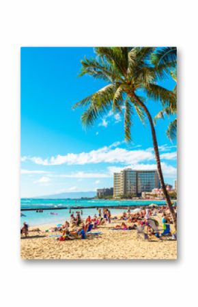 HONOLULU, HAWAII - FEBRUARY 16, 2018: View of the sandy Waikiki city beach. Copy space for text.