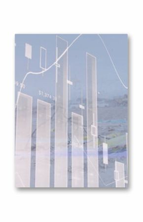 Displaying financial chart overlay on sandy beach with candlestick bars trend line numeric labels