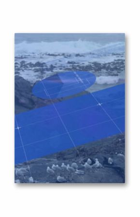 Image of blue graphs and charts moving over birds and waves splashing on rocky beach