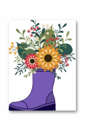 Flat design is showing purple rain boot planter holding colorful blooms on transparent background