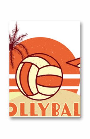 Retro design is showing volleyball on sand with striped sun and umbrella on transparent background