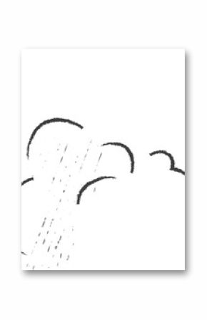 Hand-drawn puffy rain cloud floating on transparent background with droplets, circles and sparkle