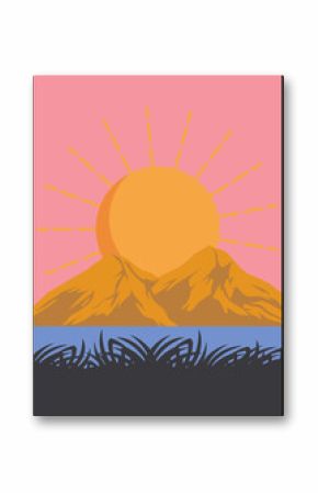 Flat design sun rising behind orange mountains over lake, grass silhouettes, transparent background
