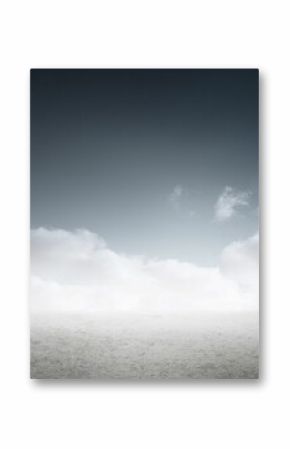 Image of white clouds lit by sunlight over horizon, sea and empty beach