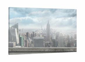 Flat design showing Manhattan skyline rising above concrete rooftop railing with river