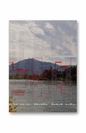 Displaying lake view reflecting mountains at lakeshore, with data overlay, red blocks and branches