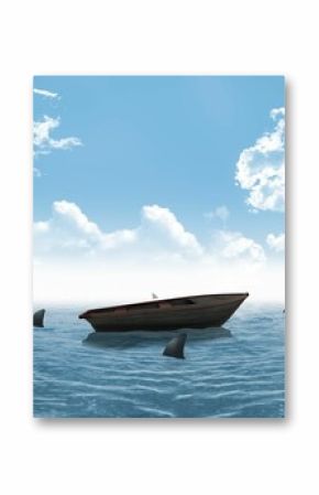 Sharks circling small boat in the ocean