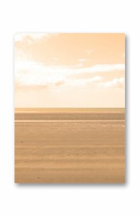 Flat design is showing vast wet sand ripples, water pools with sea horizon beneath scattered clouds