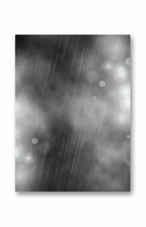 Monochrome abstract scene showing fog, diagonal rain streaks, droplets, bokeh orbs, flat design