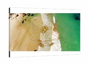 Hovering golden globe overlaying coastal beach meeting turquoise sea, avatar connections