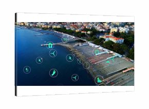 Showing beach with swimwear beachgoers on loungers under umbrellas, with energy icons, copy space