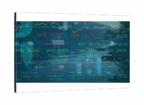 Displaying financial data overlay on mountain lake shore, with ticker symbols, line and bar charts