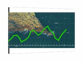 Presenting neon green polyline chart tracing rocky coastline at interface, with grid scale markers