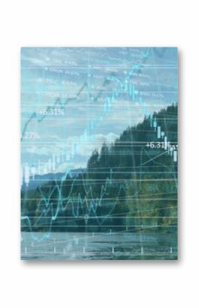 Displaying forested lakeshore blending water with financial candlestick charts and grid overlays