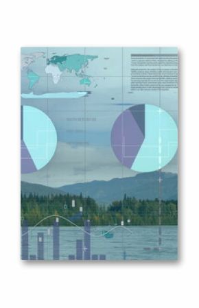 Displaying two transparent pie charts over waterway at lake, with world map, bar and line overlays