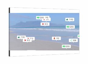 Floating callouts showing metrics at beach shore, thumbs-up comment view notification share icons