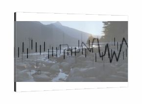 Flowing shallow stream over smooth river rocks in mountain valley, with financial chart overlay