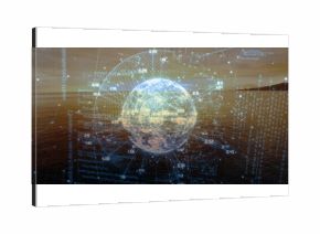 Floating Earth globe above sea at sunset showing numeric data labels, code streams, orbital paths