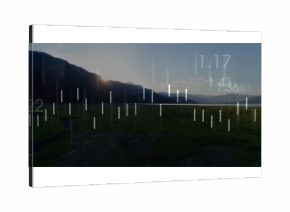 Showcasing grassy meadow, lake in mountain valley at dusk, with white chart bars and numeric info