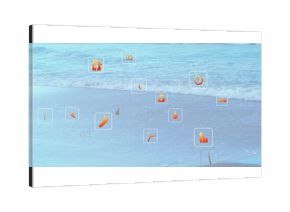 Displaying semi-transparent overlays on seaside beach, showing orange recycling and power icons