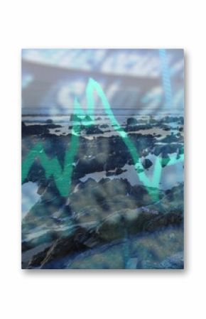 Displaying rocky tide-pool coastline at low tide under overcast, with overlaid financial chart data